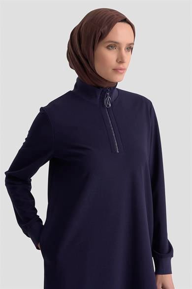 Kolları Ribanalı Yarım Fermuarlı Tunik Lacivert 25KT456