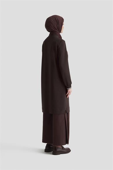 Kolları Ribanalı Yarım Fermuarlı Tunik Kahverengi 25KT443