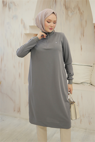 Kolları Ribanalı Yarım Fermuarlı Tunik Gri 24KT436