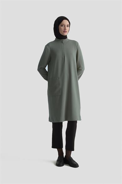 Kolları Ribanalı Yarım Fermuarlı Tunik Haki 25KT443