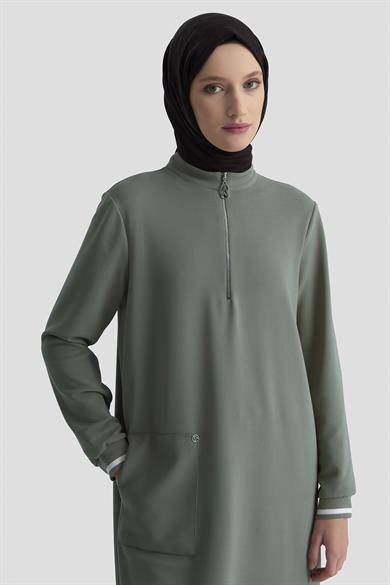 Kolları Ribanalı Yarım Fermuarlı Tunik Haki 25KT443