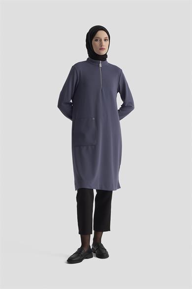 Kolları Ribanalı Yarım Fermuarlı Tunik İndigo 25KT443