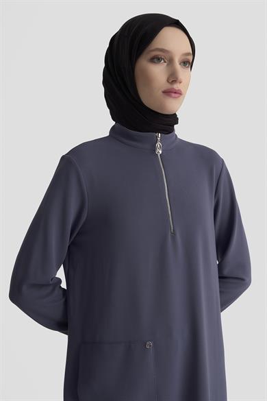 Kolları Ribanalı Yarım Fermuarlı Tunik İndigo 25KT443