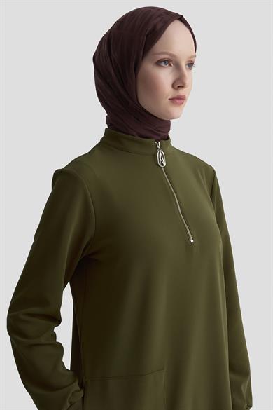 Kolları Ribanalı Yarım Fermuarlı Tunik Yağ Yeşili 25KT443