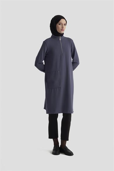 Kolları Ribanalı Yarım Fermuarlı Tunik İndigo 25KT443