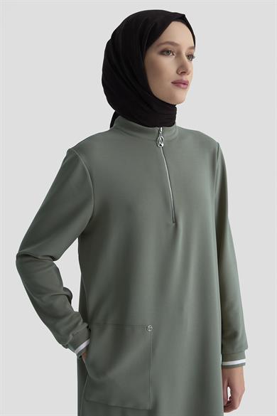 Kolları Ribanalı Yarım Fermuarlı Tunik Haki 25KT443