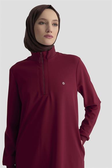Kolları Ribanalı Yarım Fermuarlı Tunik Bordo 25KT456 