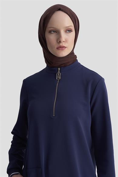Kolları Ribanalı Yarım Fermuarlı Tunik Lacivert 25KT443