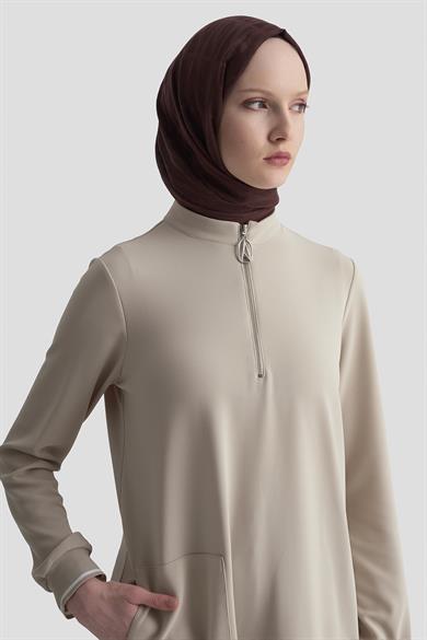 Kolları Ribanalı Yarım Fermuarlı Tunik Bej 25KT443