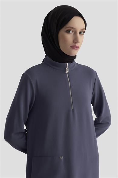 Kolları Ribanalı Yarım Fermuarlı Tunik İndigo 25KT443