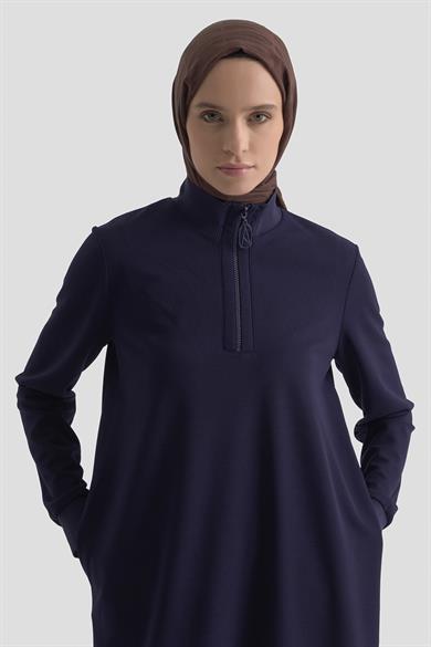 Kolları Ribanalı Yarım Fermuarlı Tunik Lacivert 25KT456