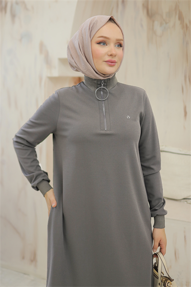 Kolları Ribanalı Yarım Fermuarlı Tunik Gri 24KT436