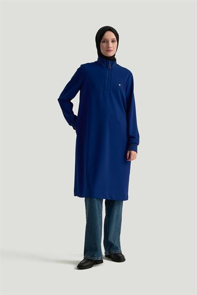 Kolları Ribanalı Yarım Fermuarlı Tunik Morcivert 25KT456