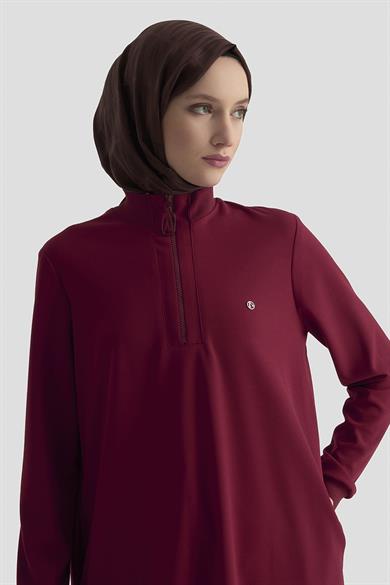 Kolları Ribanalı Yarım Fermuarlı Tunik Bordo 25KT456 