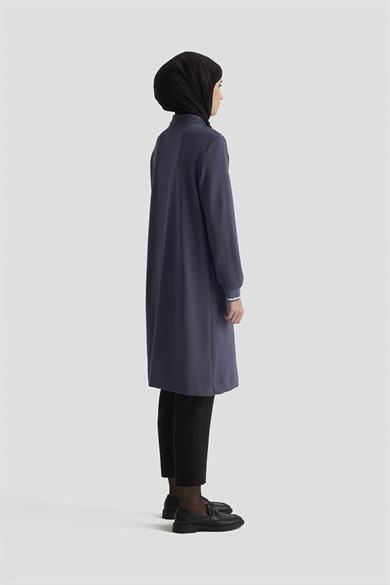 Kolları Ribanalı Yarım Fermuarlı Tunik İndigo 25KT443