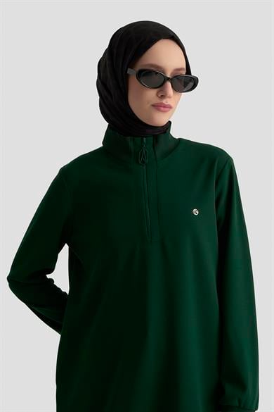 Kolları Ribanalı Yarım Fermuarlı Tunik Zümrüt 25KT456