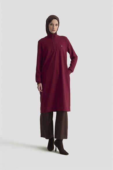 Kolları Ribanalı Yarım Fermuarlı Tunik Bordo 25KT456 