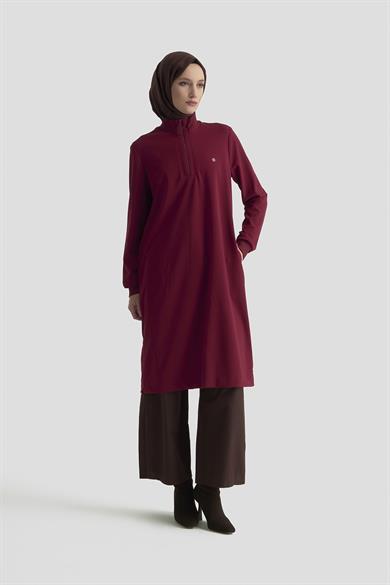 Kolları Ribanalı Yarım Fermuarlı Tunik Bordo 25KT456 