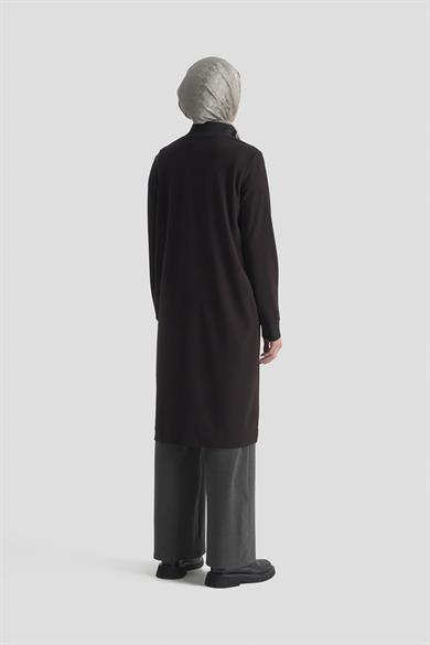 Kolları ve Yakası Ribanalı Yarım Fermuarlı Crep Tunik Siyah 25KT456
