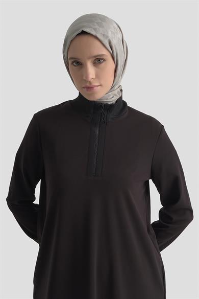 Kolları ve Yakası Ribanalı Yarım Fermuarlı Crep Tunik Siyah 25KT456
