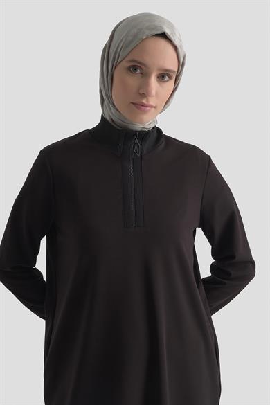 Kolları ve Yakası Ribanalı Yarım Fermuarlı Crep Tunik Siyah 25KT456