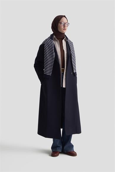 Kruvaze Kapamalı Belden Kuşaklı Trençkot Lacivert 25KT725
