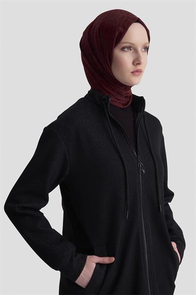 Kuşgözü Detaylı Fitilli Simli Cepli Ceket Siyah 25KT555