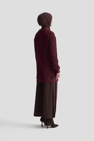 Kuşgözü Detaylı Fitilli Simli Cepli Ceket Vişne 25KT555