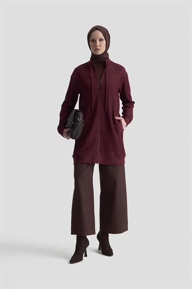 Kuşgözü Detaylı Fitilli Simli Cepli Ceket Vişne 25KT555