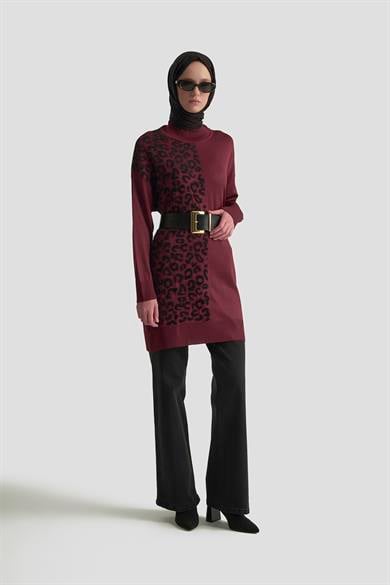 Leopar Desenli Balıkçı Yaka Triko Tunik Bordo 25YTD4110