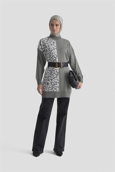 Leopar Desenli Balıkçı Yaka Triko Tunik Gri 25YTD4110