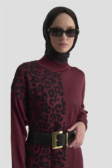 Leopar Desenli Balıkçı Yaka Triko Tunik Bordo 25YTD4110