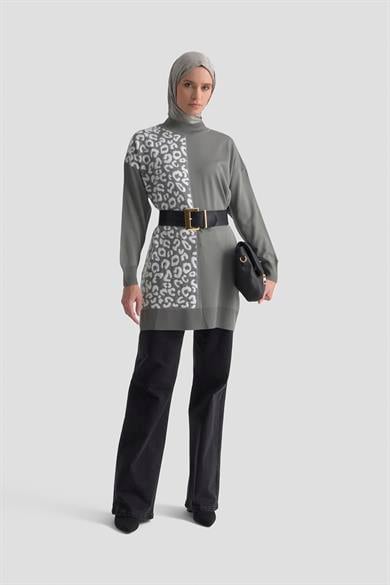 Leopar Desenli Balıkçı Yaka Triko Tunik Gri 25YTD4110