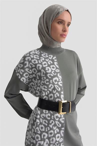Leopar Desenli Balıkçı Yaka Triko Tunik Gri 25YTD4110