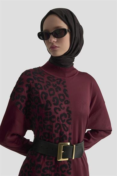 Leopar Desenli Balıkçı Yaka Triko Tunik Bordo 25YTD4110
