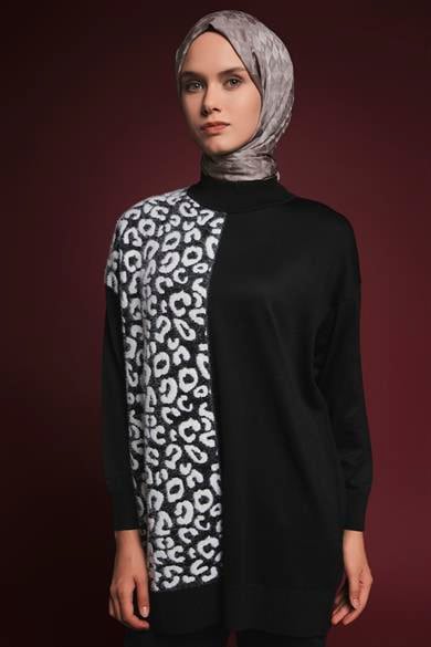 Leopar Desenli Balıkçı Yaka Triko Tunik Siyah 25YTD4110
