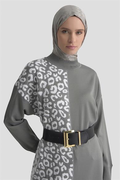 Leopar Desenli Balıkçı Yaka Triko Tunik Gri 25YTD4110