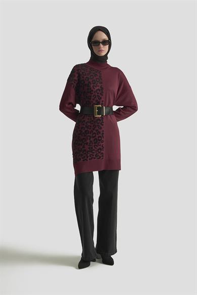 Leopar Desenli Balıkçı Yaka Triko Tunik Bordo 25YTD4110