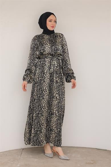 Leopar Desenli Beli Kemerli Elbise Siyah 24KT904
