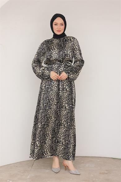 Leopar Desenli Beli Kemerli Elbise Siyah 24KT904