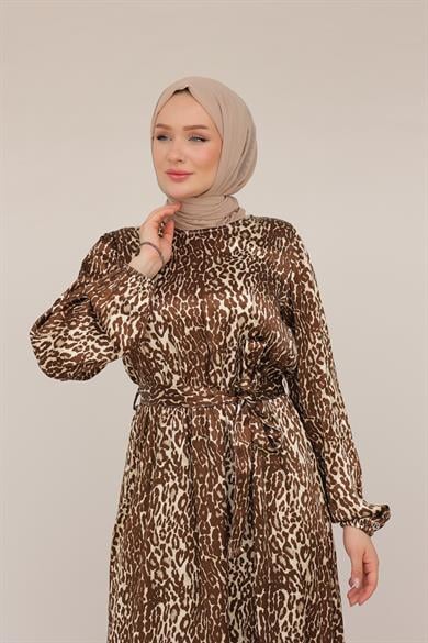 Leopar Desenli Beli Kemerli Elbise Kahverengi 24KT904