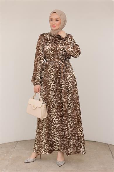 Leopar Desenli Beli Kemerli Elbise Kahverengi 24KT904