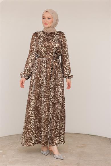 Leopar Desenli Beli Kemerli Elbise Kahverengi 24KT904