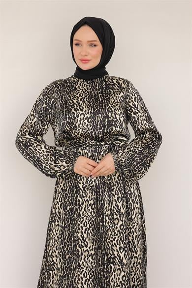 Leopar Desenli Beli Kemerli Elbise Siyah 24KT904