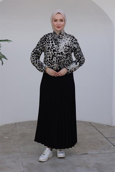 Leopar Desenli Fermuarlı Kolları Lastikli Ceket-Siyah 24KT530
