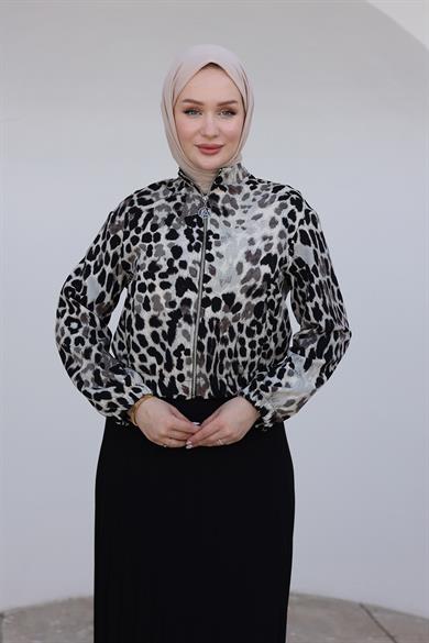 Leopar Desenli Fermuarlı Kolları Lastikli Ceket-Siyah 24KT530