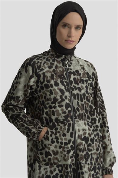 Leopar Desenli Fermuarlı Kolları Lastikli Cepli Tunik Siyah 25KT421