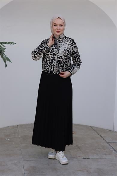 Leopar Desenli Fermuarlı Kolları Lastikli Ceket-Siyah 24KT530