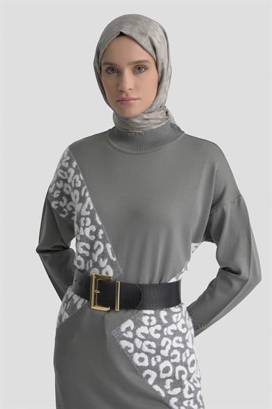 Leopar Desenli Triko Tunik Gri 25YTD4109