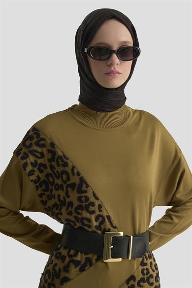 Leopar Desenli Triko Tunik Yağ Yeşili 25YTD4109